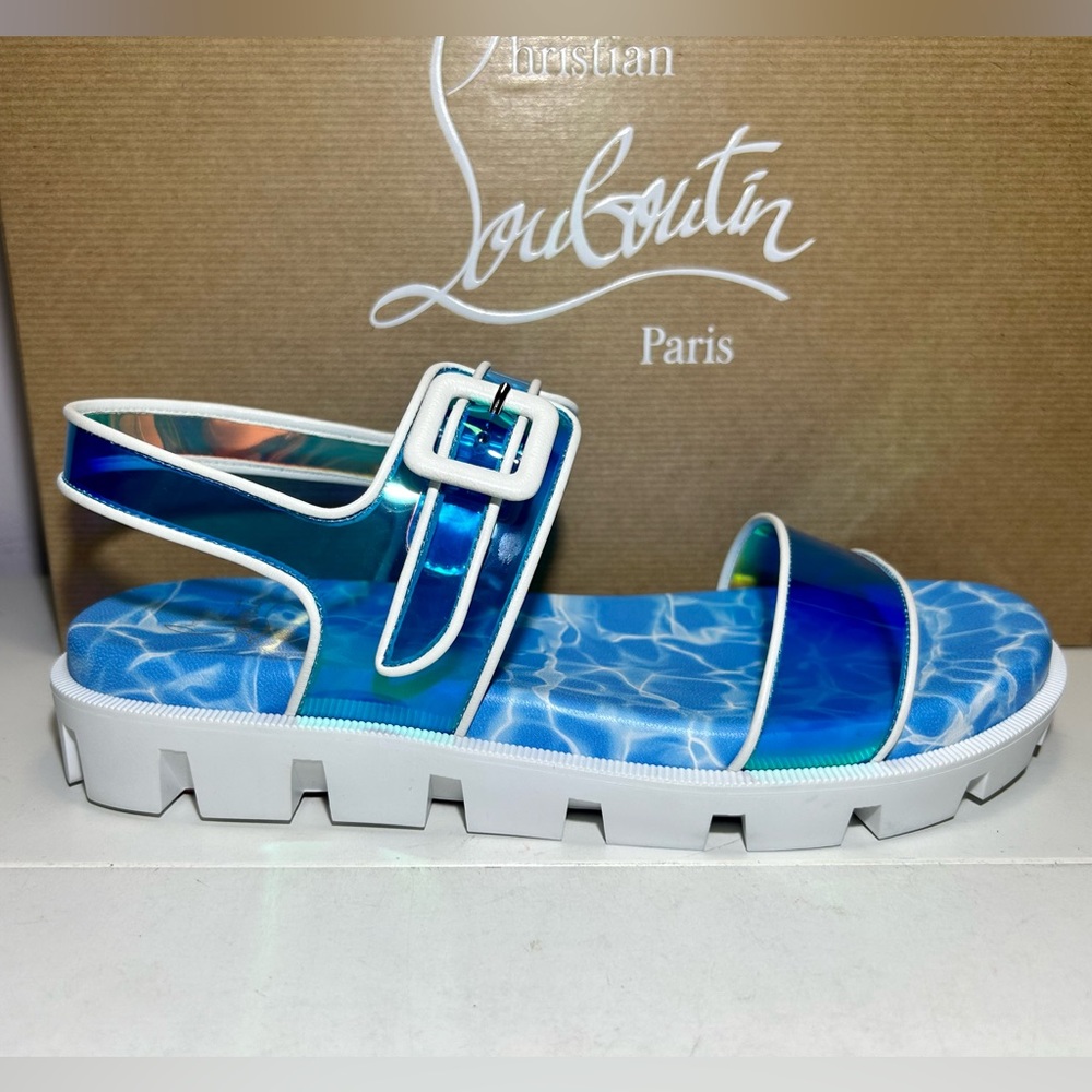 NEW CHRISTIAN LOUBOUTIN DUNISS COOL SANDALS IRIDESCENT BLUE/WHITE LUG SOLE SZ 37 - Picture 2 of 16